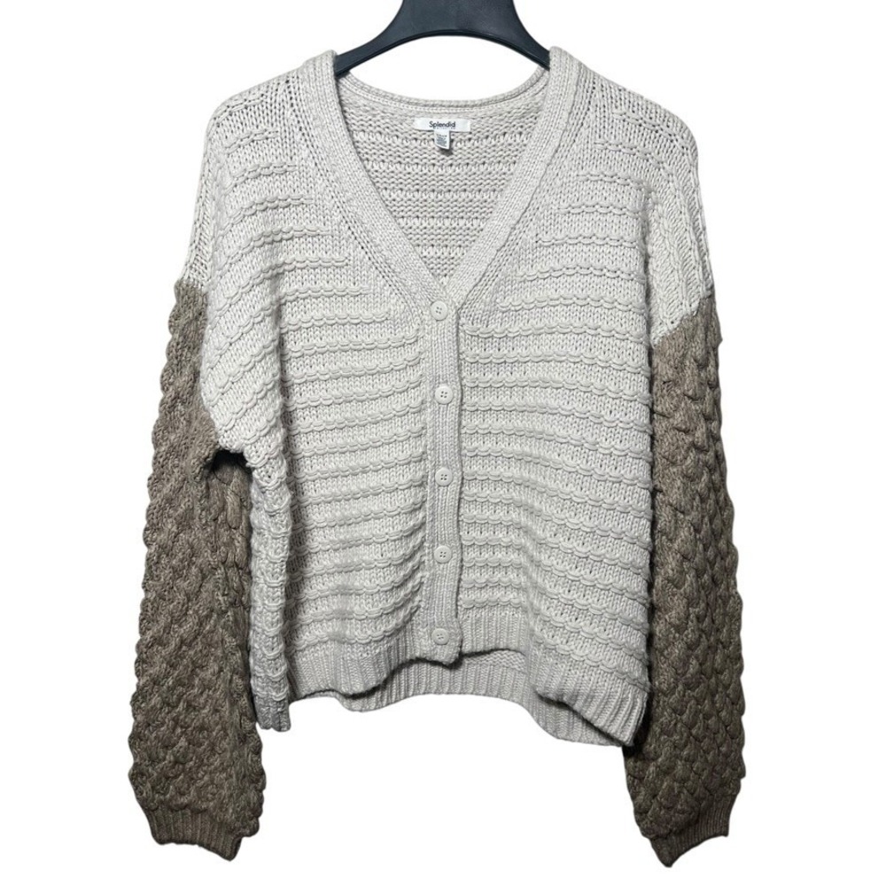 Splendid Collection Chunky Knit‎ Cardigan Sweater S Cream Taupe Colorblock NWOT